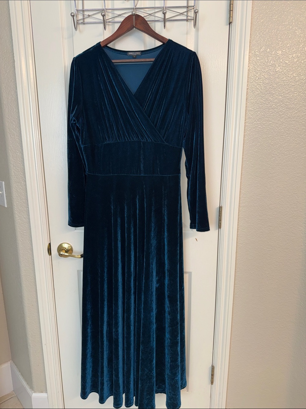 Velvet Wrap-Style Long Sleeve Maxi Dress in Teal